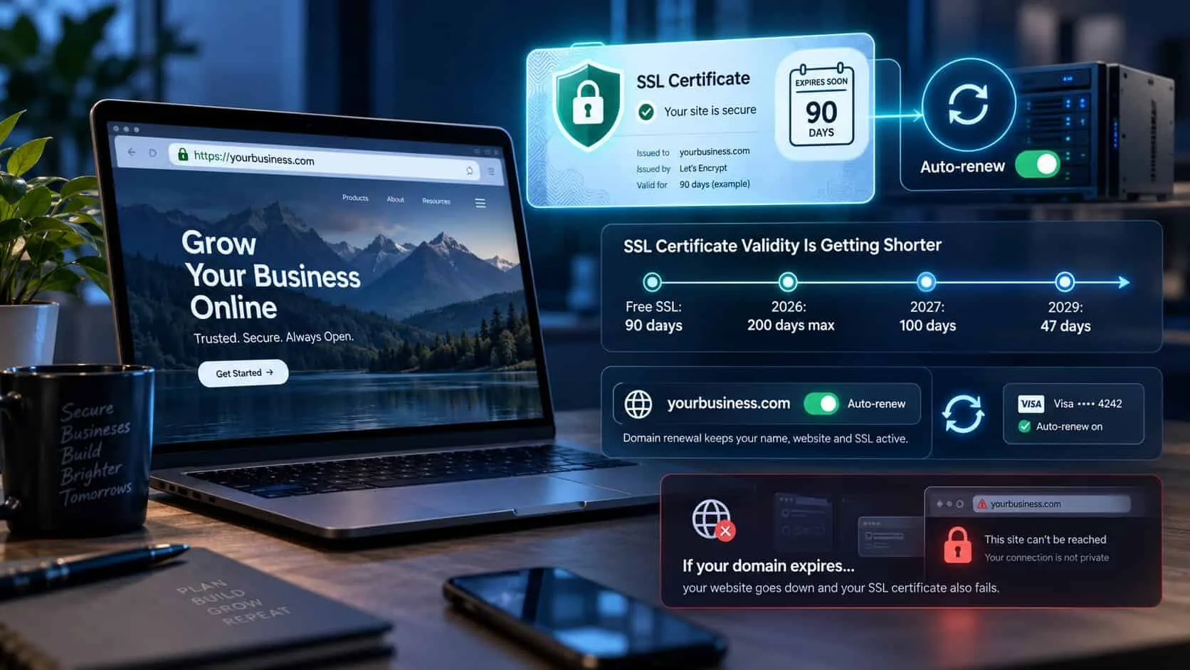 SSL certificate renewal explained: a free 90-day certificate with auto-renew switched on, a timeline showing maximum certificate validity shrinking from 200 days in 2026 to 100 days in 2027 and 47 days in 2029, domain auto-renew with a card on file, and the site-can’t-be-reached warning visitors see if the domain expires