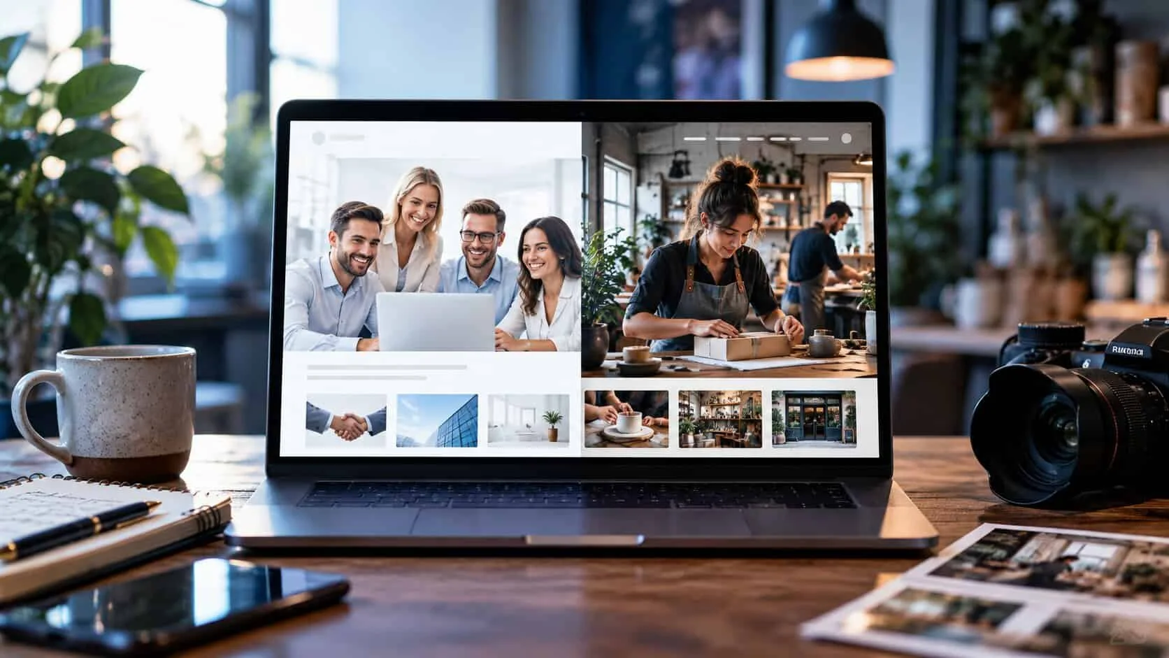 A laptop on a café table showing two versions of a small business website side by side: on the left, a stock photo of smiling office workers in suits with handshake and glass-building thumbnails; on the right, a real photo of the owner packing an order in her own shop, with thumbnails of her café, shelves and shopfront