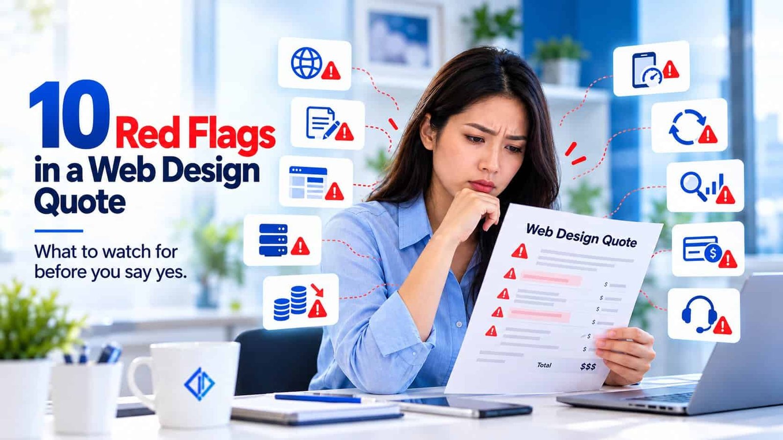 10 red flags in a web design quote — what to watch for before you say yes: a small business owner frowning at a quote marked with red warnings for domain, hosting, page scope, mobile speed, copywriting, revisions, SEO, payment terms and after-launch support