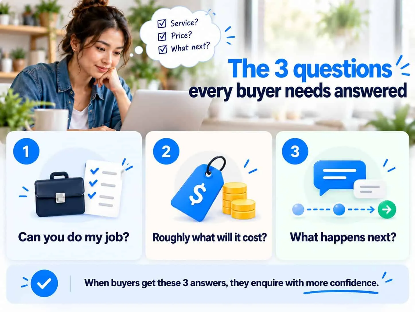 Infographic of a buyer at her laptop asking three questions before enquiring about a service: can you do my job, roughly what will it cost, and what happens next