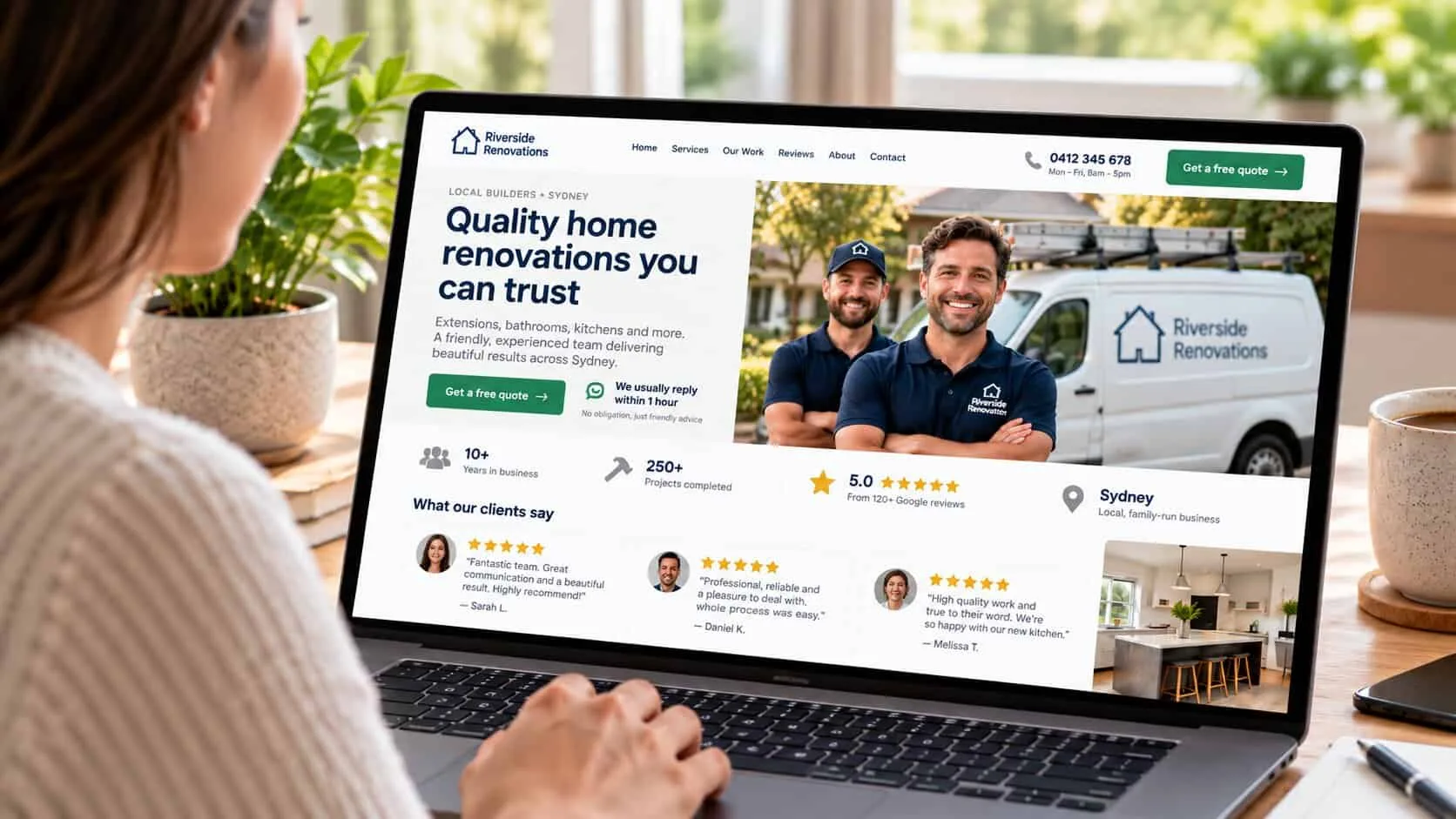 A woman browsing a home renovation website that answers three trust questions: two builders in front of a branded van, a local phone number, a reply within one hour promise beside the free quote button, a 5.0 Google rating, 250+ projects and three named client reviews
