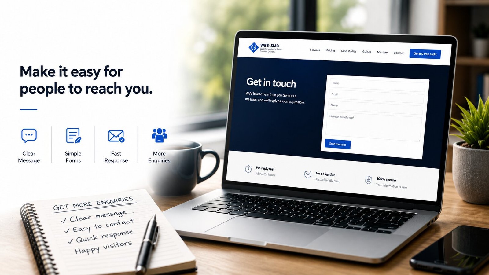 A laptop showing a simple get in touch contact page beside a get more enquiries notebook listing clear message, easy to contact, quick response