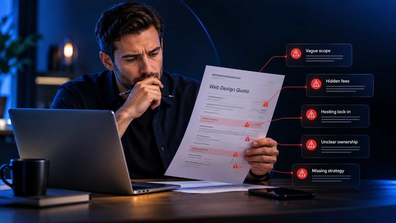 A small business owner at his desk studying a web design quote, with red warning flags pointing out vague scope, hidden fees, hosting lock-in, unclear ownership and a missing strategy