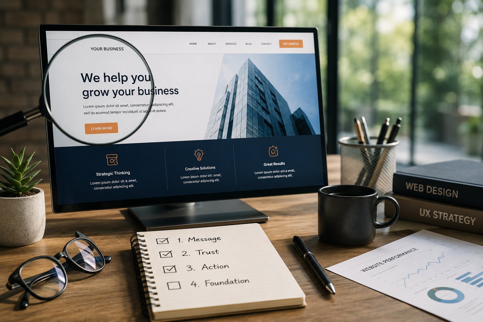 A homepage under a magnifying glass beside a handwritten checklist reading message, trust, action, foundation and a website performance report