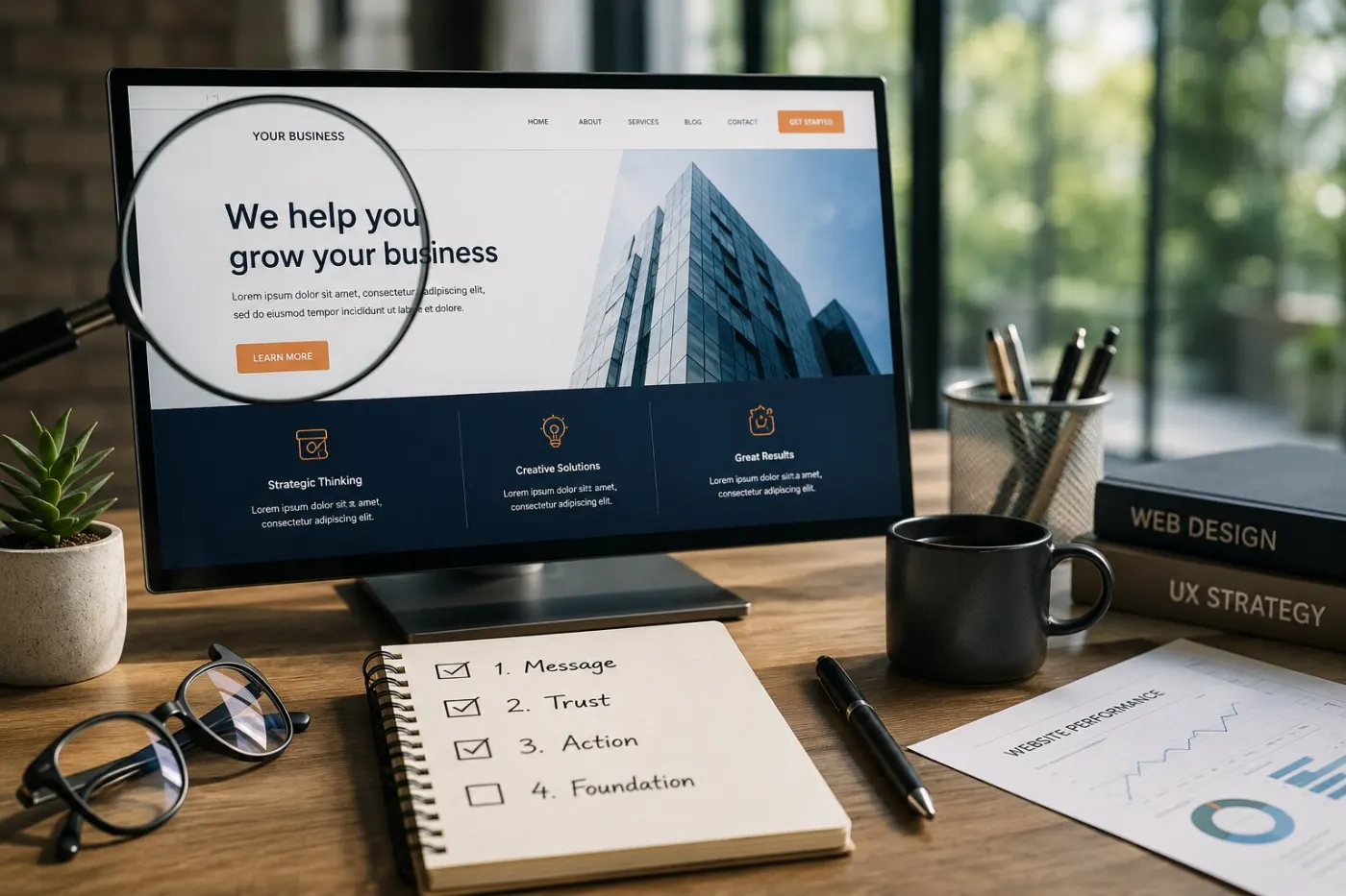 A homepage under a magnifying glass beside a handwritten checklist reading message, trust, action, foundation and a website performance report