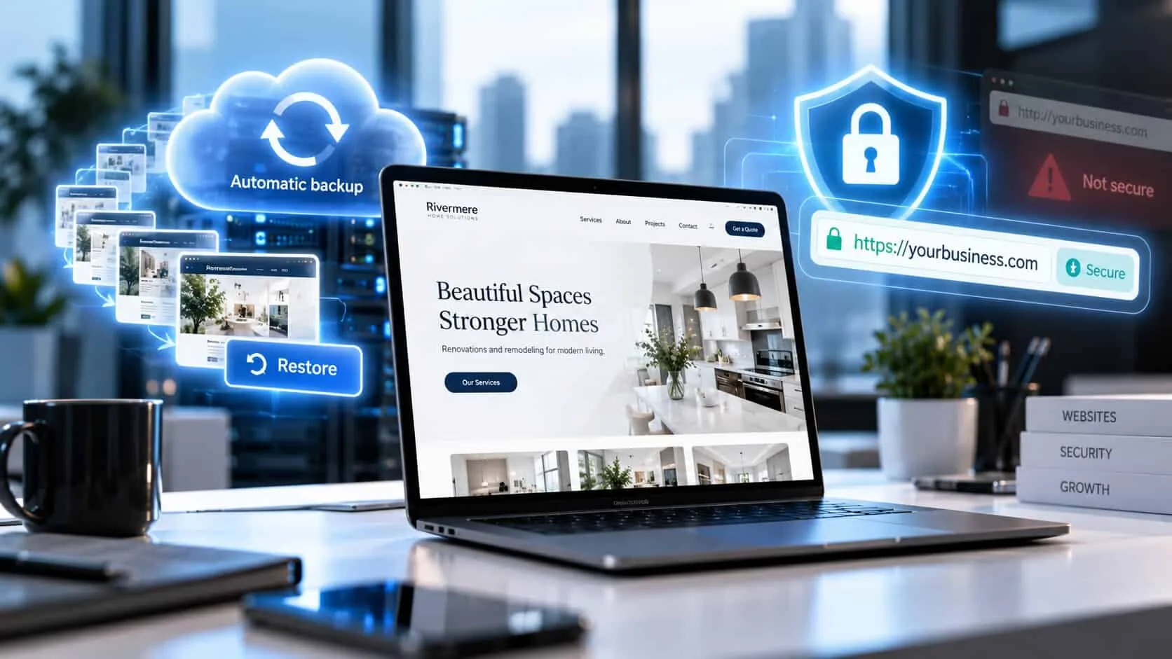 A small business website on a laptop between its two protections: automatic cloud backups of every page version with a Restore button, and an SSL padlock turning a Not secure http address into a secure https://yourbusiness.com