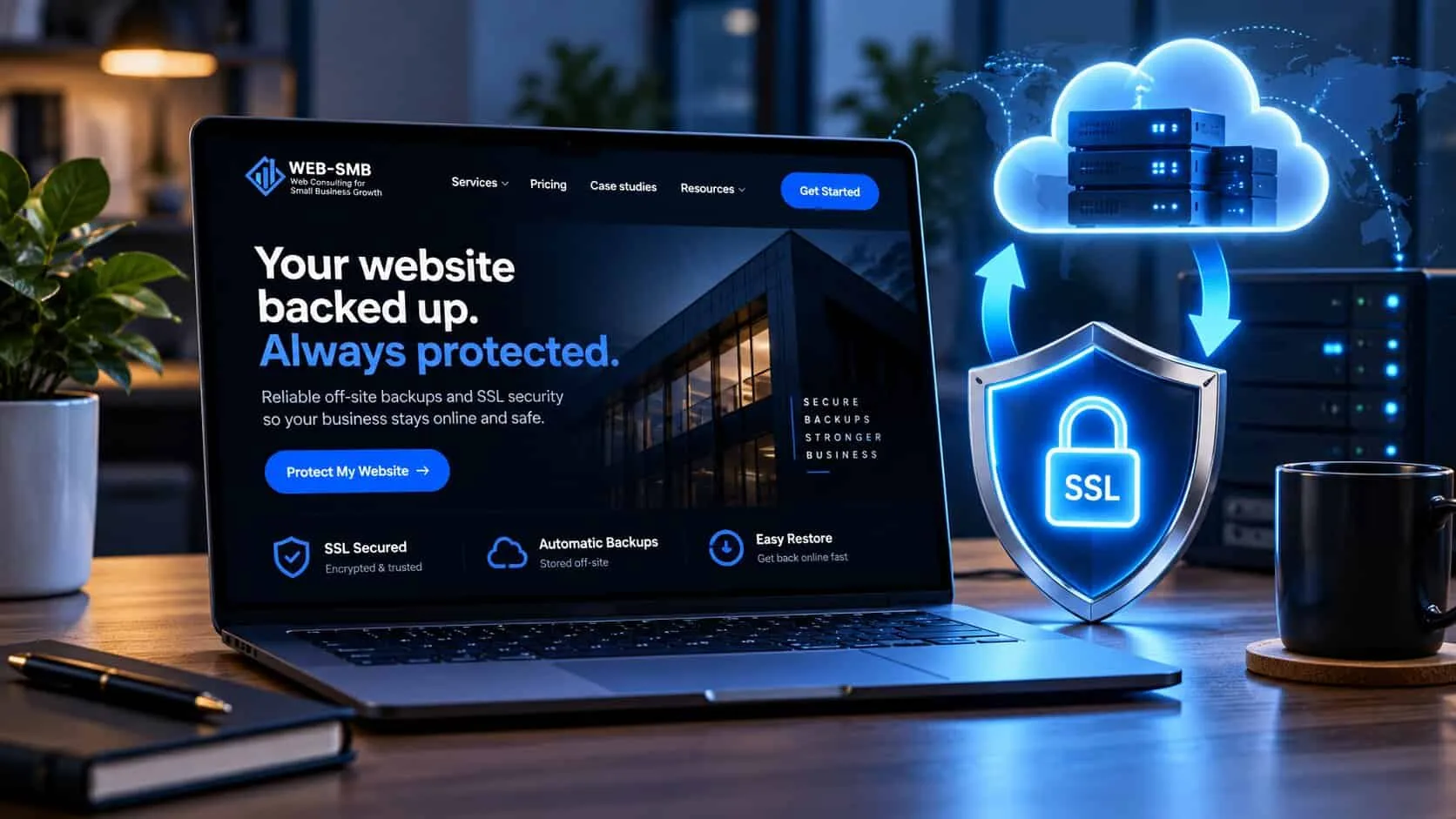 A laptop showing a backed-up, protected small business website beside a glowing SSL padlock shield and a cloud server, with arrows for off-site backups and easy restore