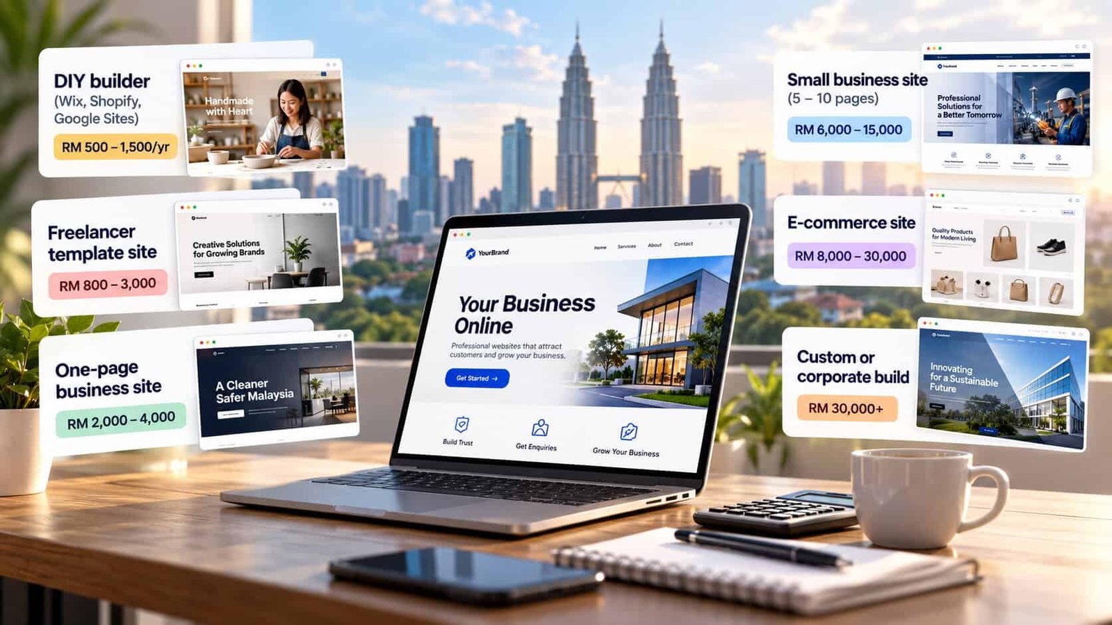 Six types of small business website in Malaysia with their 2026 prices: DIY builder RM 500 to 1,500 a year, freelancer template RM 800 to 3,000, one-page site RM 2,000 to 4,000, 5 to 10 page small business site RM 6,000 to 15,000, e-commerce RM 8,000 to 30,000, and custom builds from RM 30,000