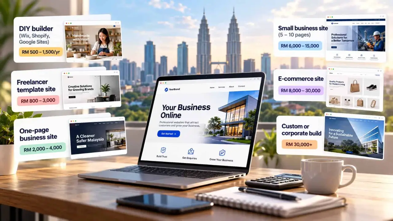 Six types of small business website in Malaysia with their 2026 prices: DIY builder RM 500 to 1,500 a year, freelancer template RM 800 to 3,000, one-page site RM 2,000 to 4,000, 5 to 10 page small business site RM 6,000 to 15,000, e-commerce RM 8,000 to 30,000, and custom builds from RM 30,000