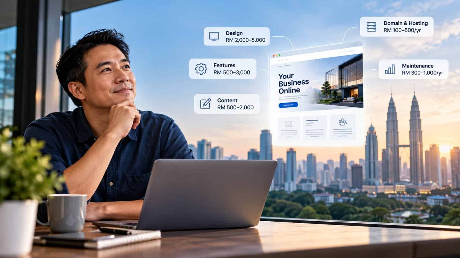 A Malaysian small business owner at a laptop overlooking the Kuala Lumpur skyline, with website cost labels for design, features, content, domain and hosting, and maintenance in ringgit