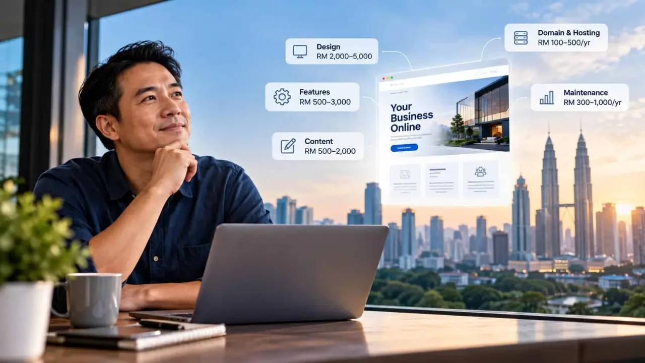 A Malaysian small business owner at a laptop overlooking the Kuala Lumpur skyline, with website cost labels for design, features, content, domain and hosting, and maintenance in ringgit