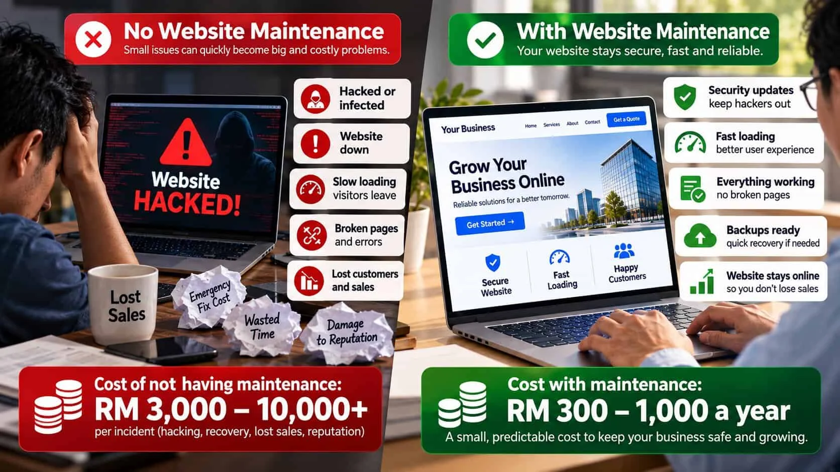 Website maintenance cost compared: without maintenance, a hacked site, downtime, broken pages and lost customers cost RM 3,000–10,000+ per incident; with maintenance, a secure, fast website costs RM 300–1,000 a year