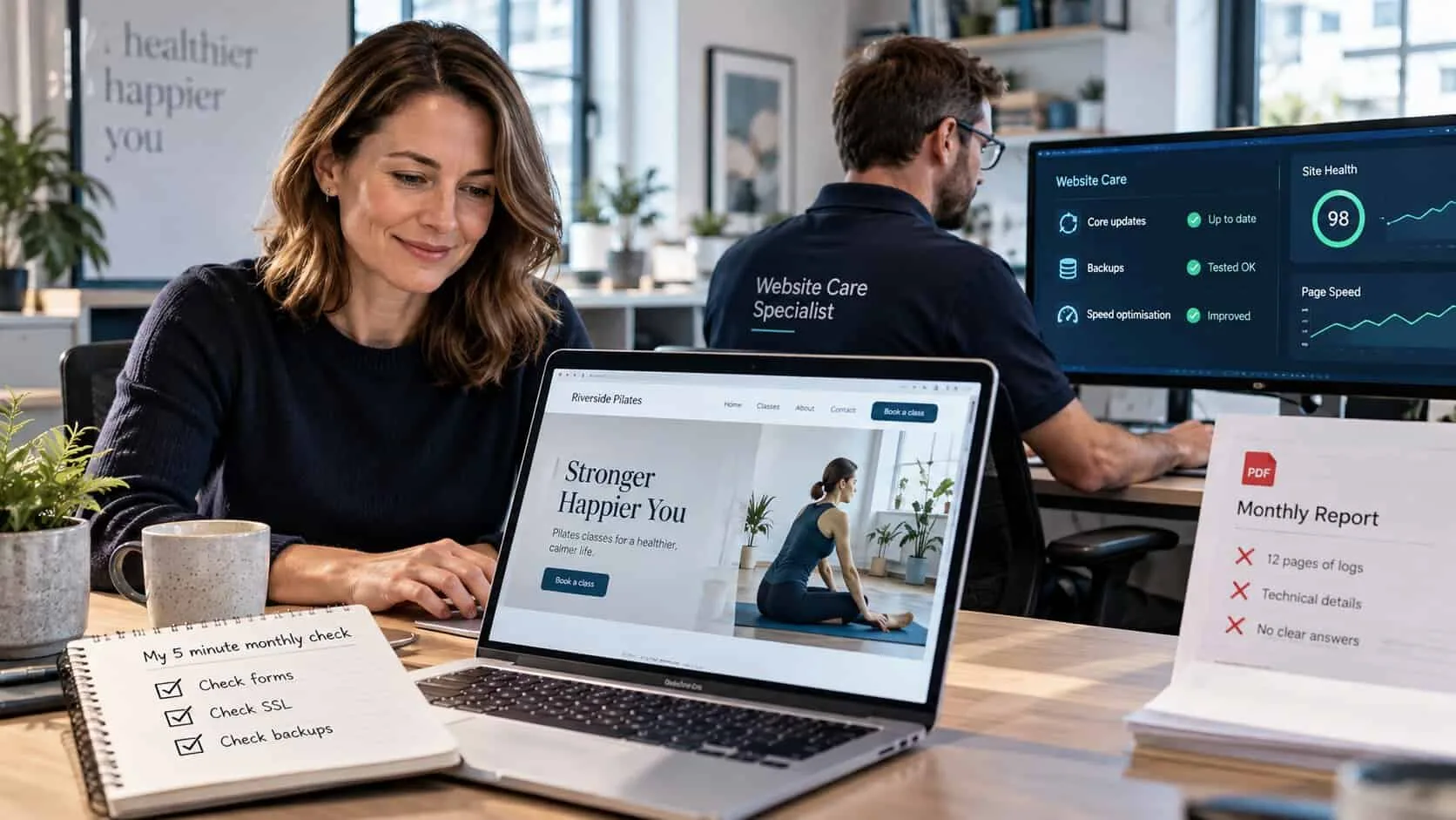 A small business owner doing her five-minute monthly website check of forms, SSL and backups on a laptop, while a website care specialist behind her handles core updates, tested backups and speed work on a site health dashboard, next to a PDF monthly report full of logs and no clear answers