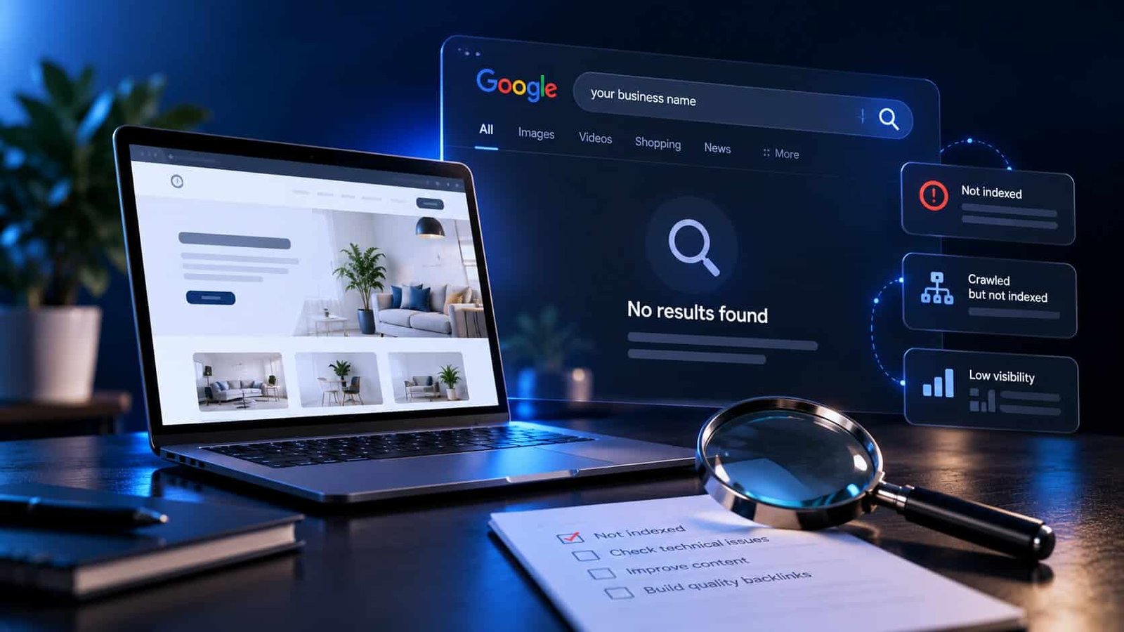 A laptop showing a small business website beside a Google search for the business name returning no results found, with status cards reading not indexed, crawled but not indexed and low visibility, and a checklist under a magnifying glass