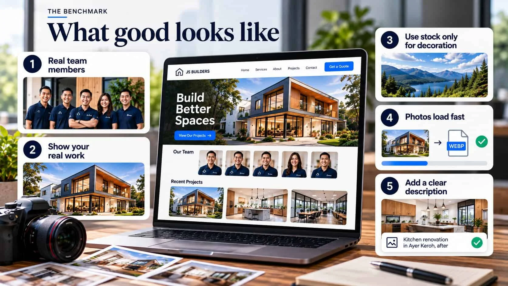 Infographic of five signs of good website photos, shown on a builder’s website on a laptop: 1 real team members in company shirts, 2 your real work, 3 stock used only for decoration such as a landscape, 4 photos that load fast, converted to WebP, 5 a clear description such as Kitchen renovation in Ayer Keroh, after