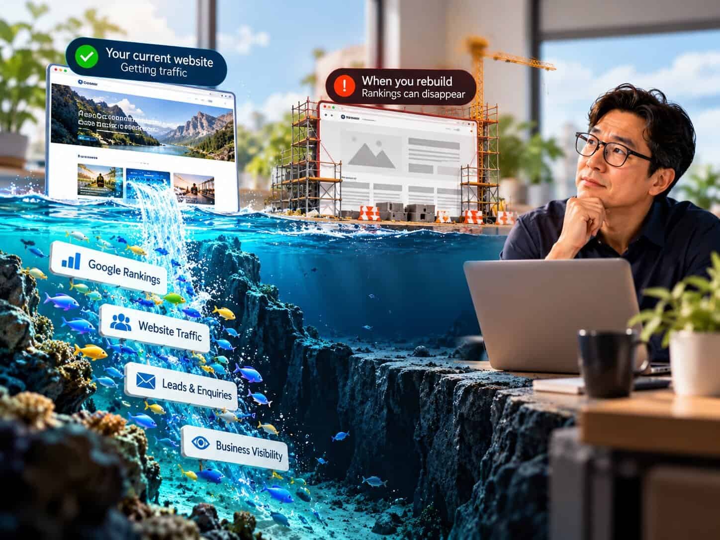 A small business owner at his laptop weighing a website rebuild: his current site gets traffic, while the rebuild under construction shows Google rankings, website traffic, leads and enquiries, and business visibility falling away