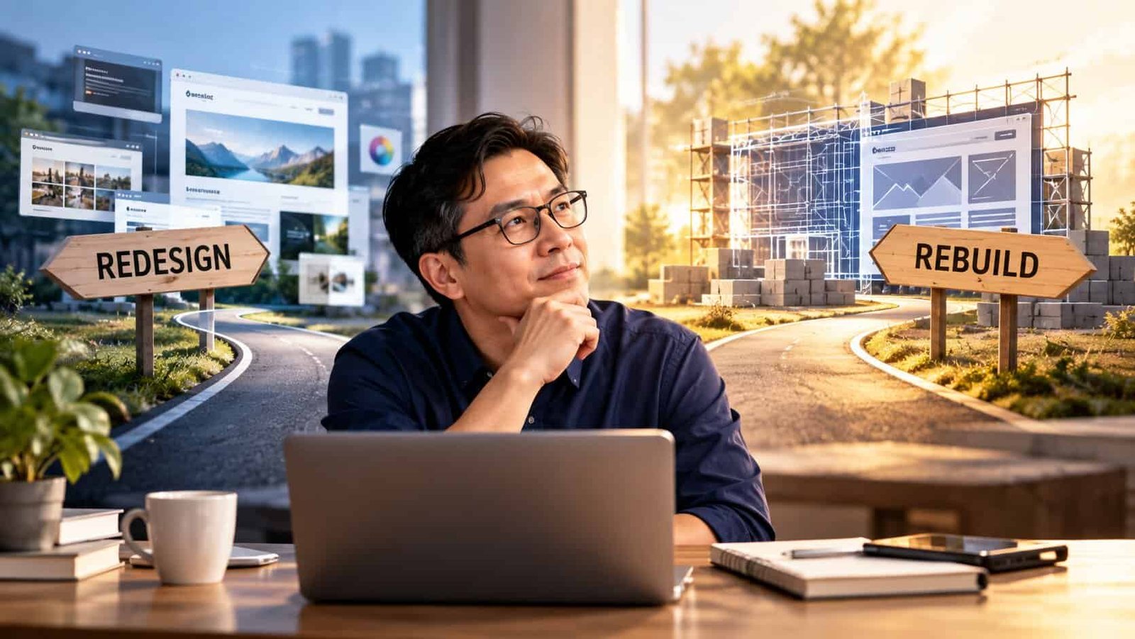 A small business owner at his desk weighing two paths: a redesign road lined with refreshed web pages, and a rebuild road where a new website is under construction on scaffolding