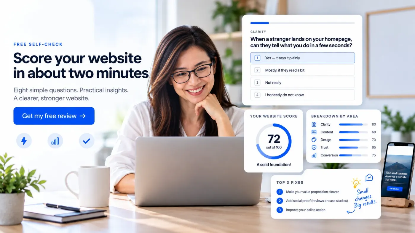 A small business owner at her laptop beside the website self-check in use — a clarity question with four answers, a score of 72 out of 100, a breakdown by area covering clarity, content, design, trust and conversion, and the top three fixes to make first