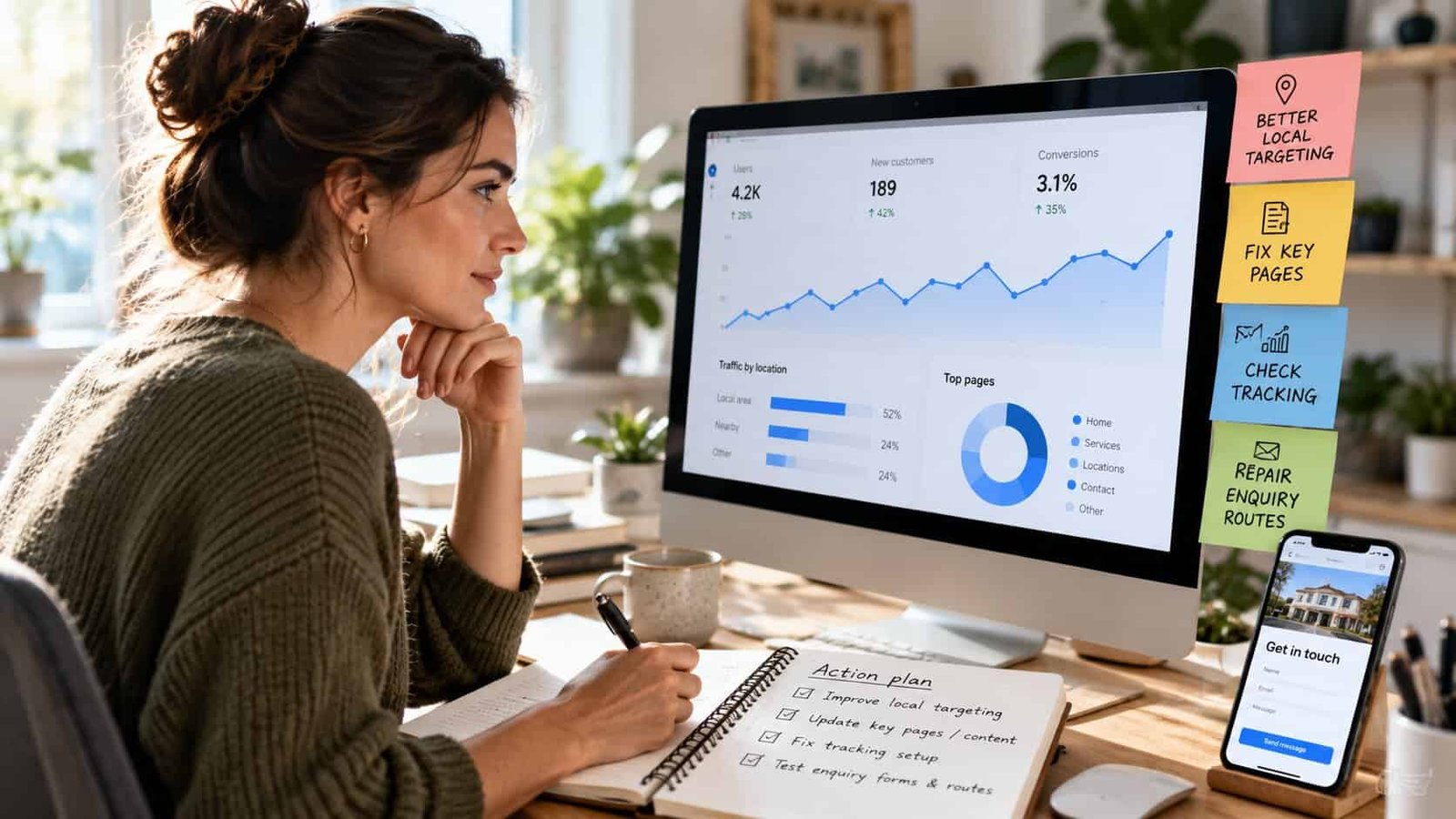 A small business owner reviewing website analytics with traffic by location and top pages, writing an action plan to improve local targeting, update key pages, fix tracking and test enquiry forms