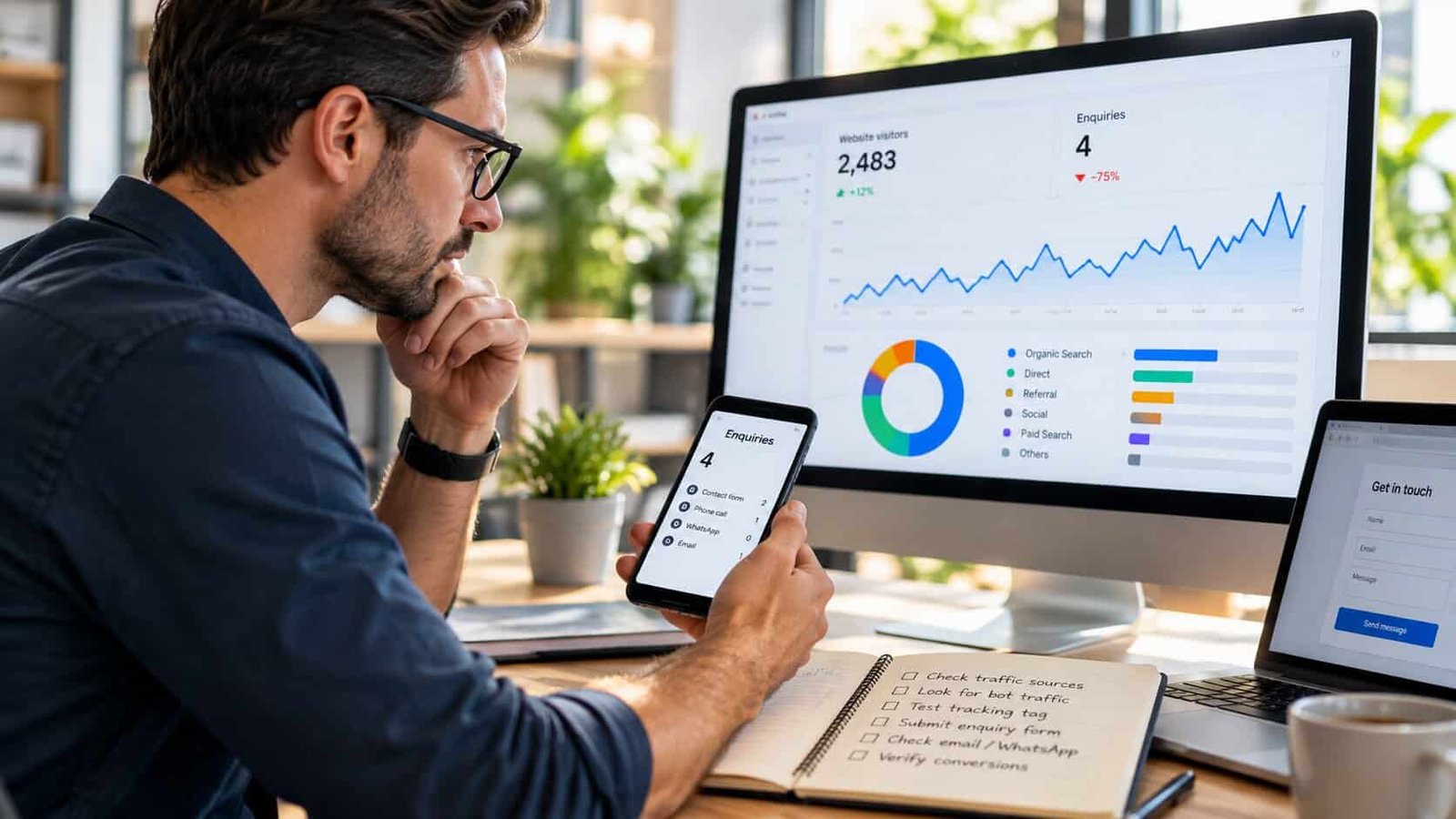 A small business owner comparing 2,483 website visitors in analytics with only four enquiries on his phone, beside a notebook checklist to check traffic sources, look for bot traffic, test the tracking tag and submit the enquiry form