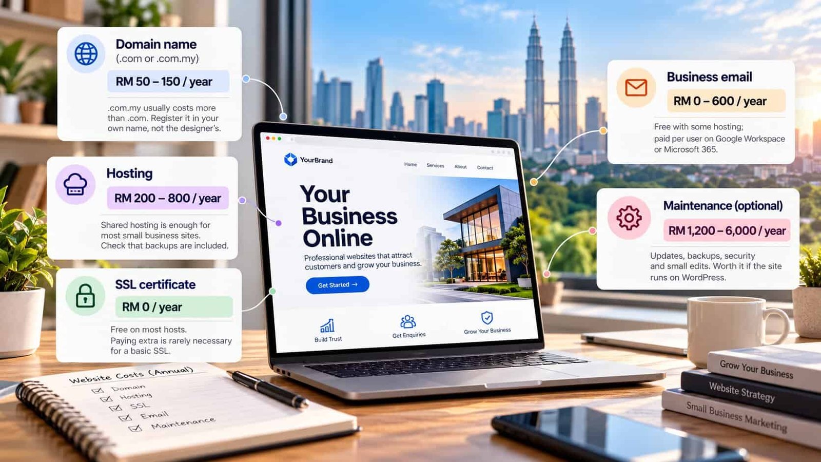 Yearly website running costs in Malaysia: domain name RM 50 to 150, hosting RM 200 to 800, SSL certificate free, business email RM 0 to 600, and optional maintenance RM 1,200 to 6,000 a year