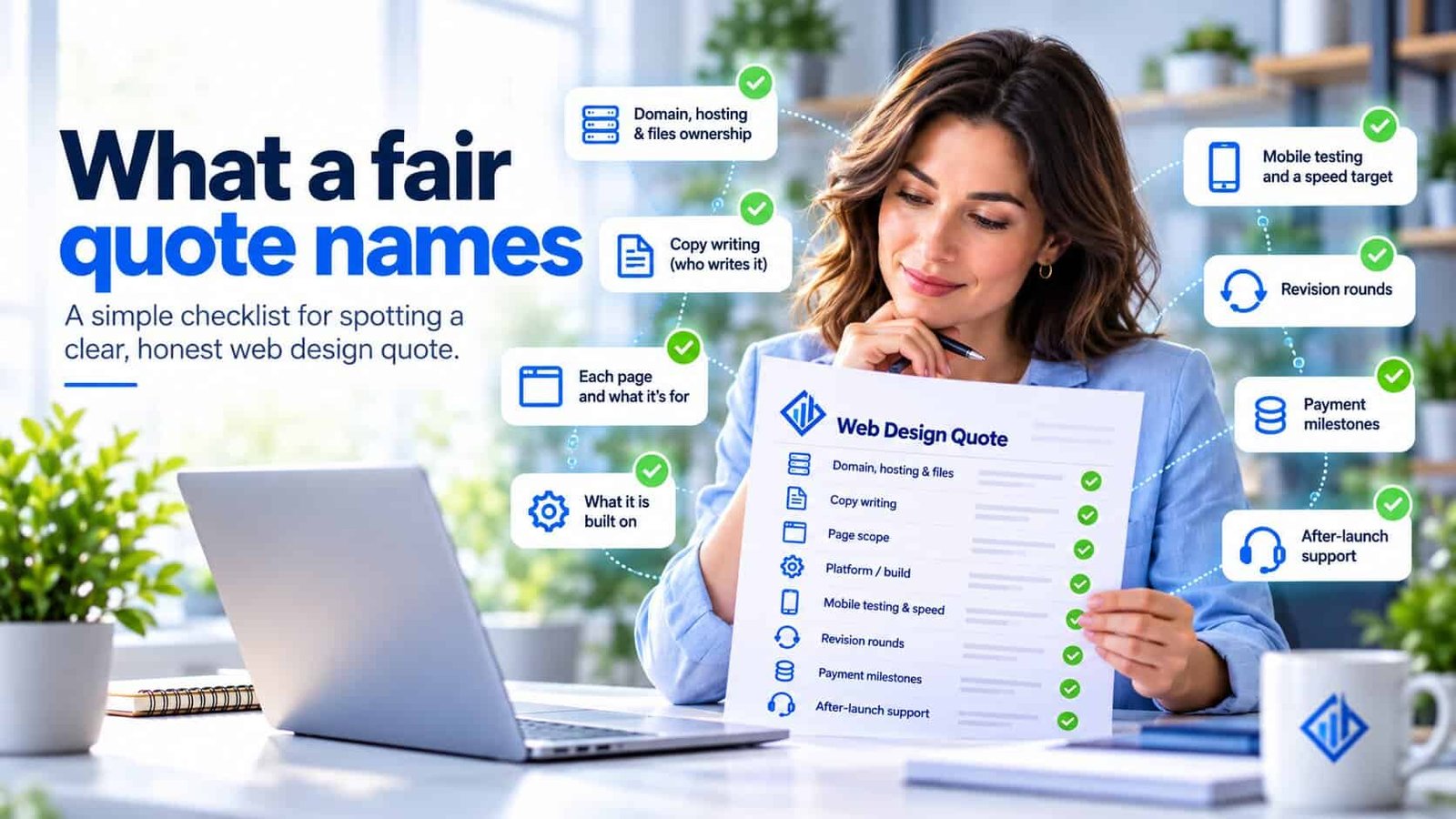 What a fair web design quote names — a small business owner reviewing a quote with every item ticked: domain, hosting and files ownership, copywriting, each page and what it is for, platform, mobile testing and a speed target, revision rounds, payment milestones and after-launch support