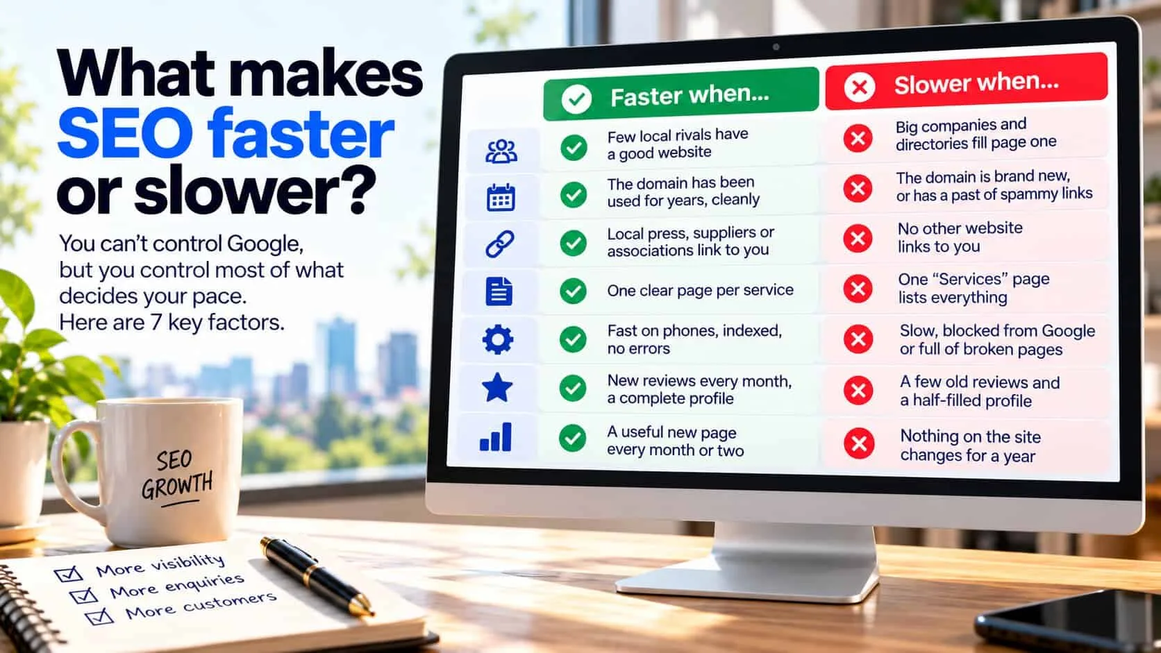 Infographic titled What makes SEO faster or slower, with a monitor listing seven factors side by side: faster when few local rivals have a good website, the domain has been used for years, local sites link to you, there is one clear page per service, the site is fast and indexed, new reviews arrive every month and a useful page is added every month or two; slower when the opposite is true