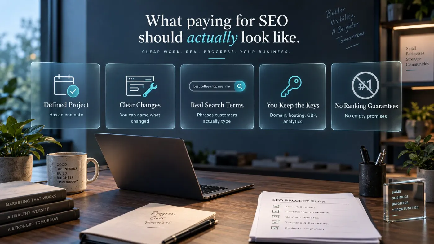 The five marks of a fair SEO engagement shown as panels above a desk: a defined project with an end date, clear changes you can name, real search terms customers type, you keep the keys to domain and hosting, and no ranking guarantees