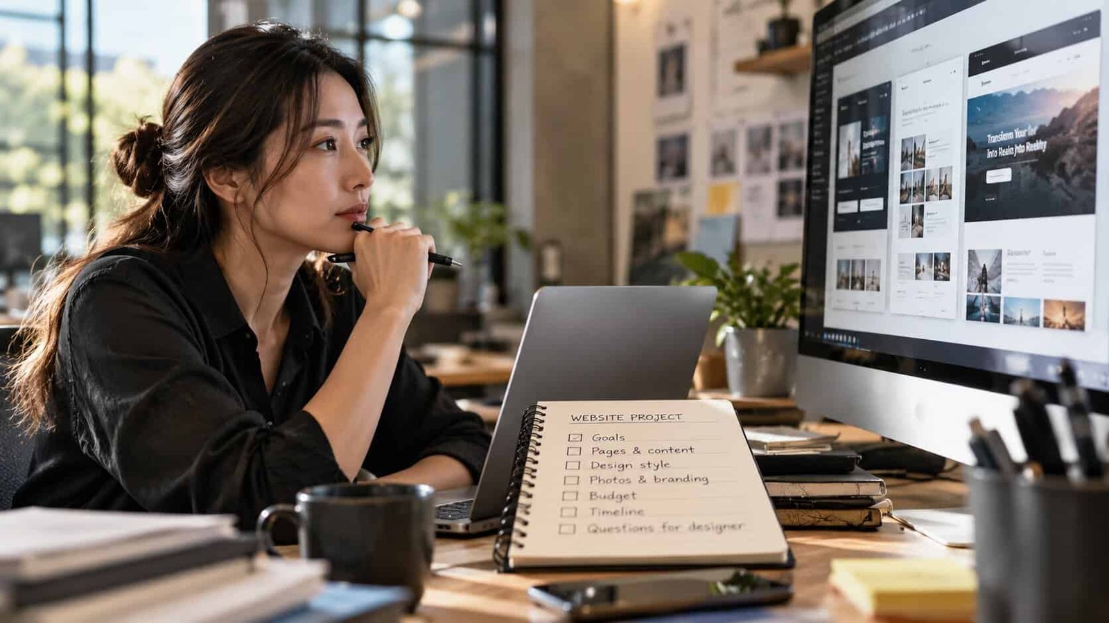 A beauty clinic owner in a sunlit office preparing to hire a web designer, ticking off a checklist beside her price list, a budget calculator, printed photos and example websites on her laptop
