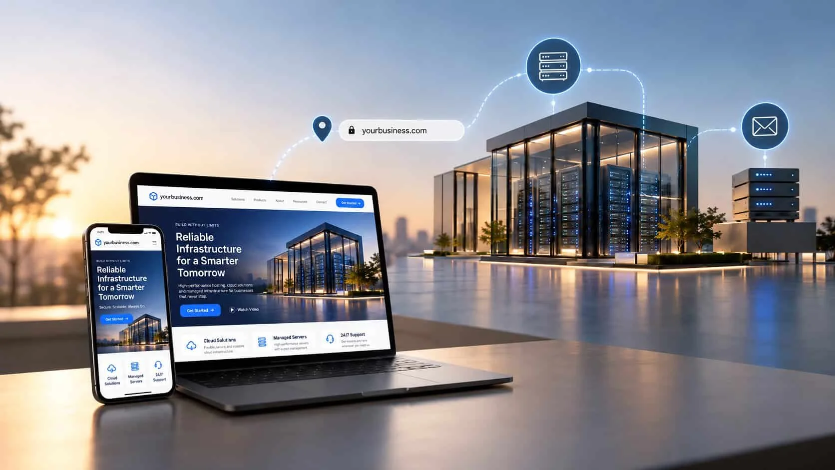 How website hosting works: a business website on a laptop and phone, its domain name yourbusiness.com with a padlock, linked to a data centre of servers that hosts the site and a separate server for business email