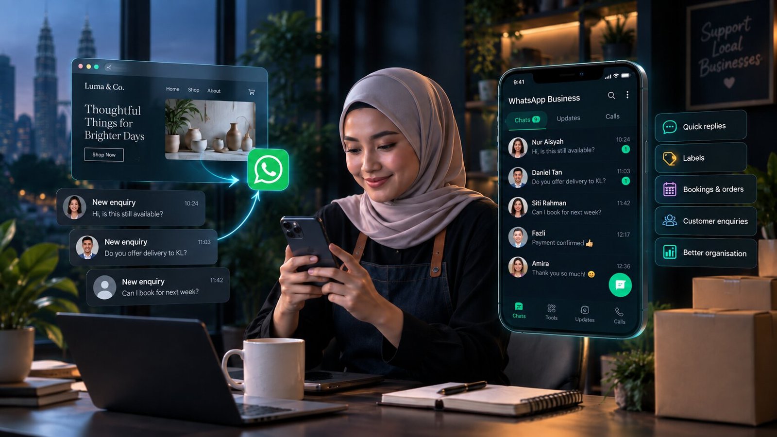 A small business owner in a hijab replying on her phone at her desk, with her website's Shop Now page linked by an arrow to the WhatsApp logo, three new enquiry messages beside it, and a WhatsApp Business chat list showing quick replies, labels and bookings