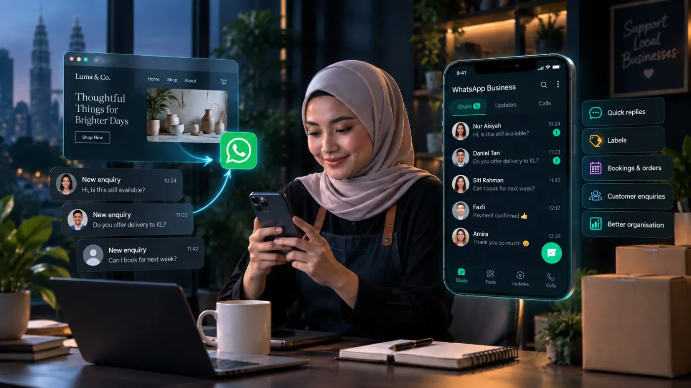 A small business owner replying to WhatsApp enquiries at her desk, with her website linked by an arrow to the WhatsApp logo and a WhatsApp Business chat list beside her