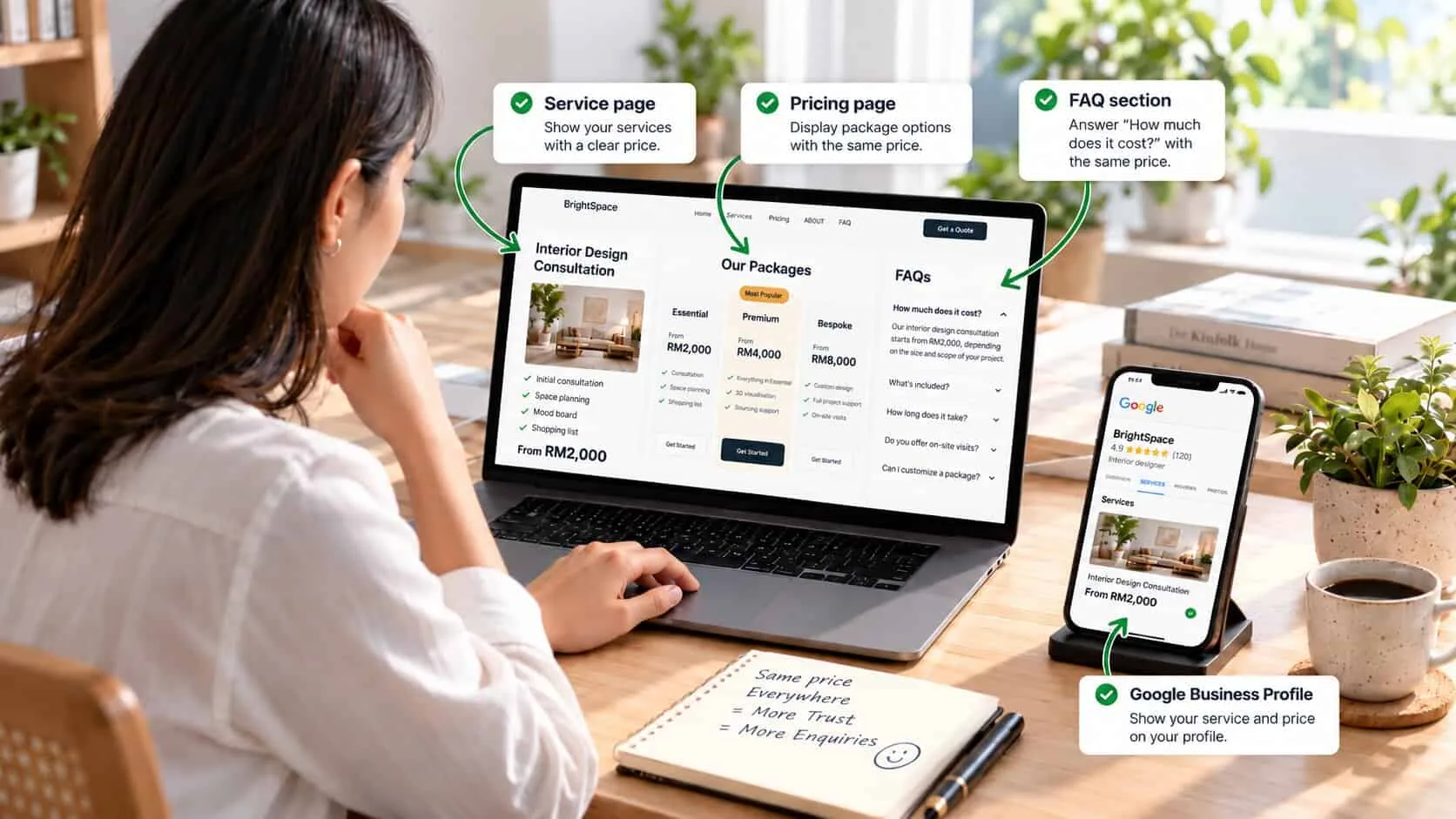 Where to put prices on a small business website: the same From RM 2,000 price on the service page, the pricing page packages, the FAQ answer to How much does it cost? and the Google Business Profile services, with a notebook reading same price everywhere = more trust = more enquiries
