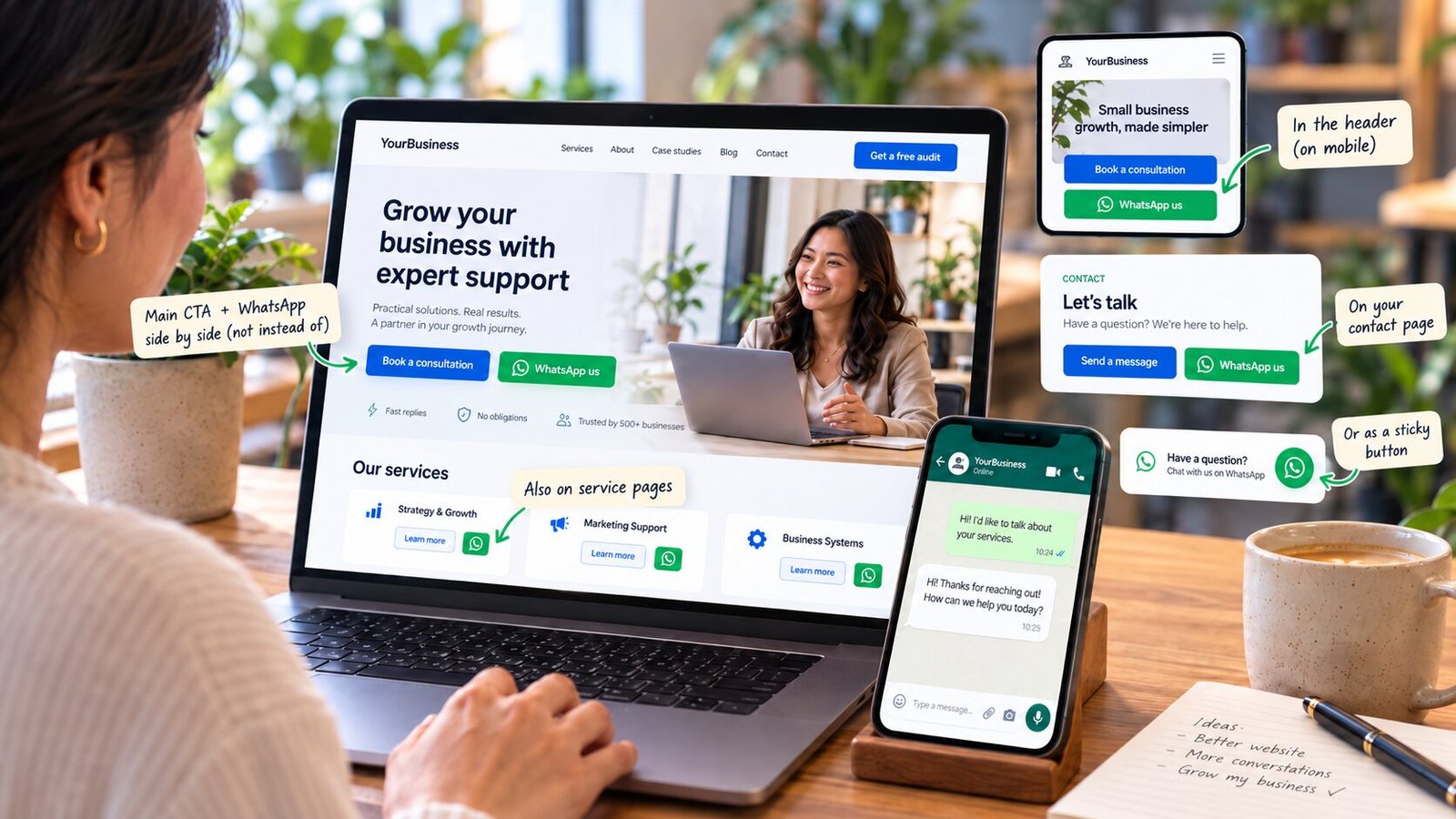 A website shown on laptop, tablet and phone with the four places a WhatsApp button belongs marked: beside the main Book a consultation button, on each service card, in the mobile header, and on the contact page