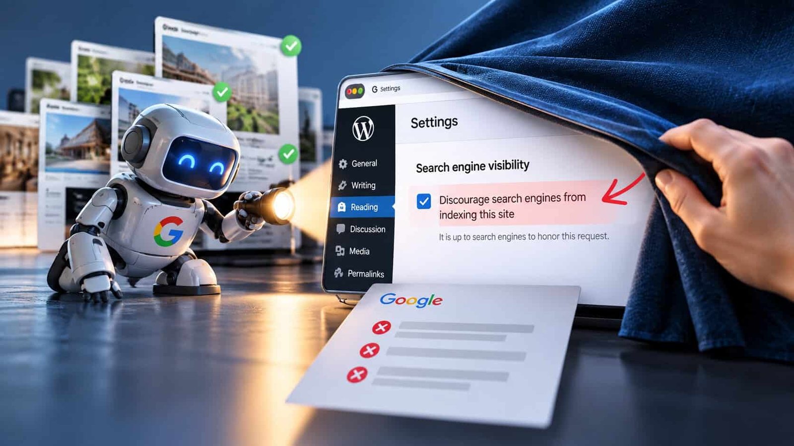 WordPress Reading settings with the discourage search engines from indexing this site box ticked, while a Google crawler robot shines a torch at the hidden site and the Google results show three failed pages