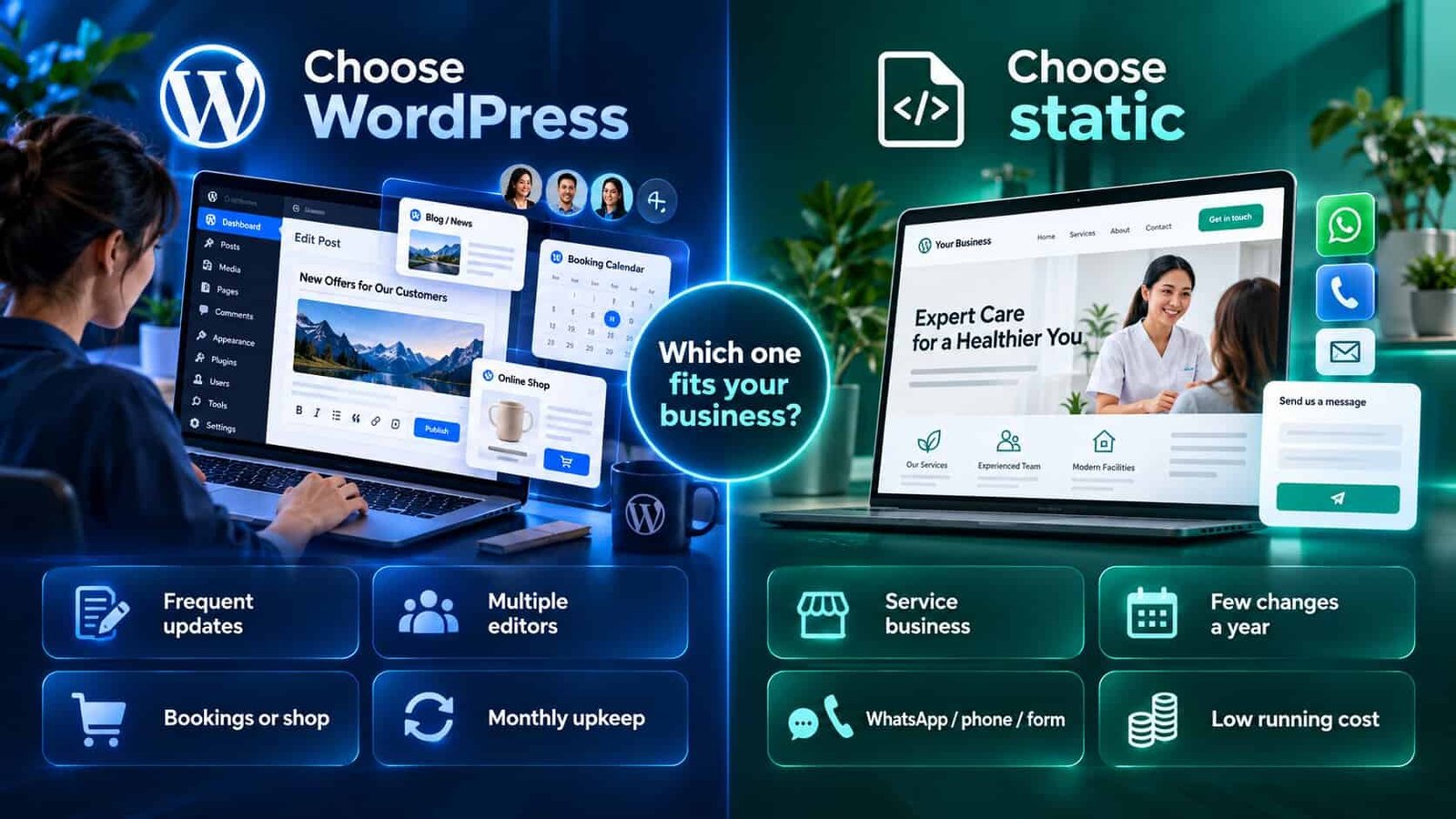 Choosing between WordPress and a static website: WordPress suits frequent updates, multiple editors, bookings or a shop, and monthly upkeep; a static site suits a service business with few changes a year, enquiries by WhatsApp, phone or form, and low running costs