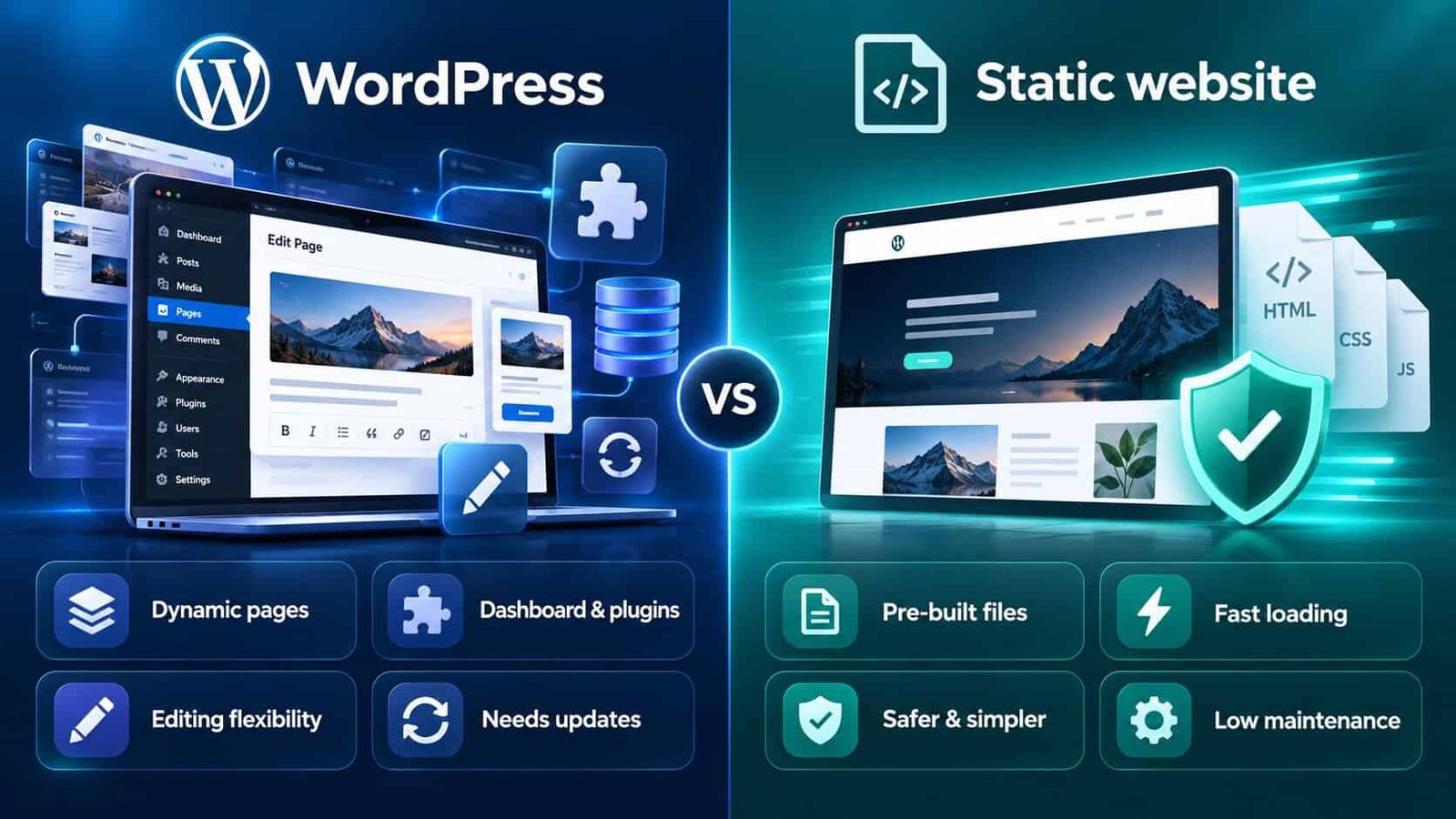 WordPress compared with a static website: WordPress offers dynamic pages, a dashboard and plugins, and editing flexibility but needs updates; a static website uses pre-built HTML, CSS and JS files for fast loading, safer and simpler hosting and low maintenance