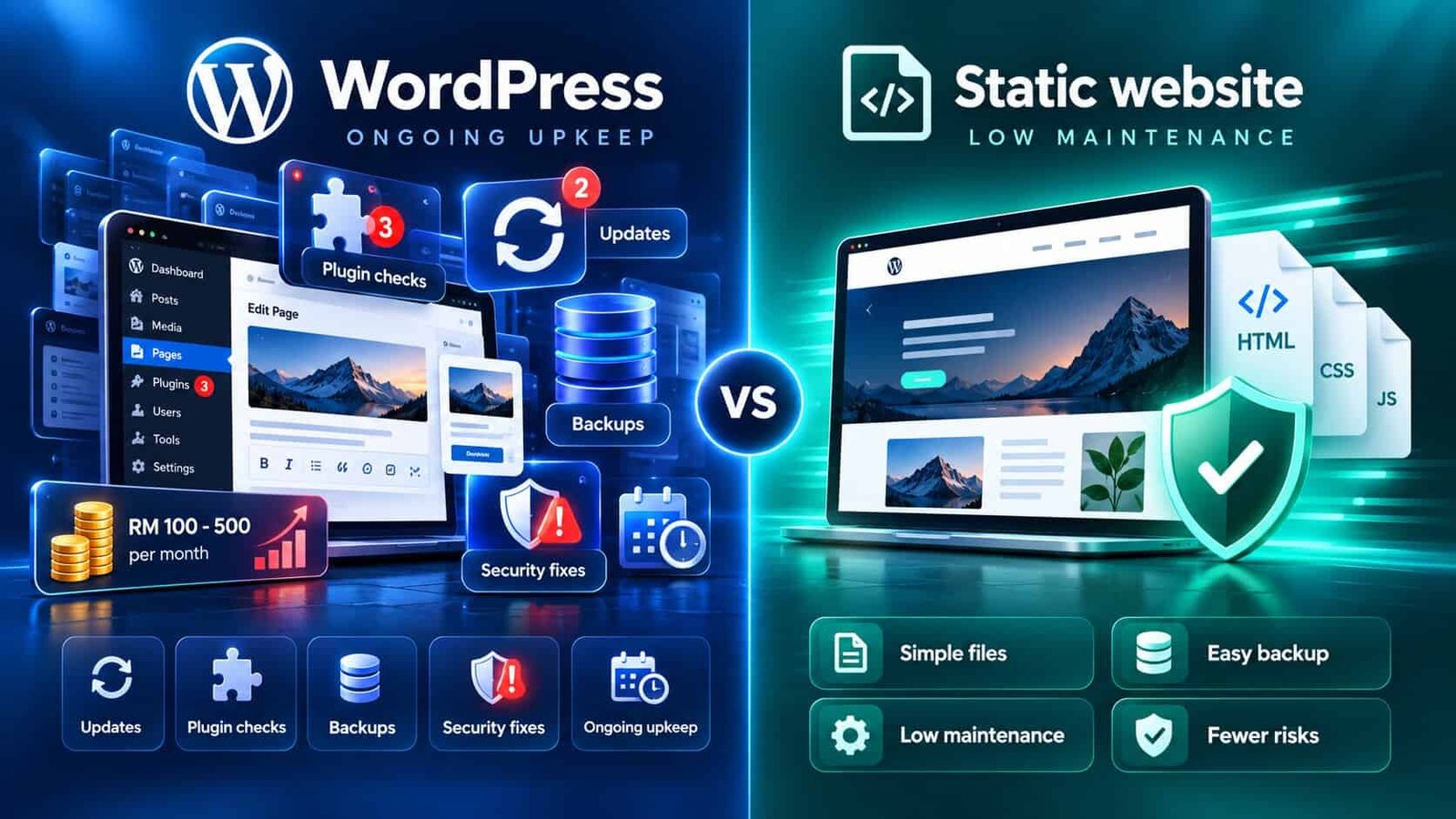 WordPress versus static website maintenance: WordPress needs ongoing updates, plugin checks, backups and security fixes costing RM 100 to 500 a month, while a static website uses simple files with easy backup, low maintenance and fewer risks