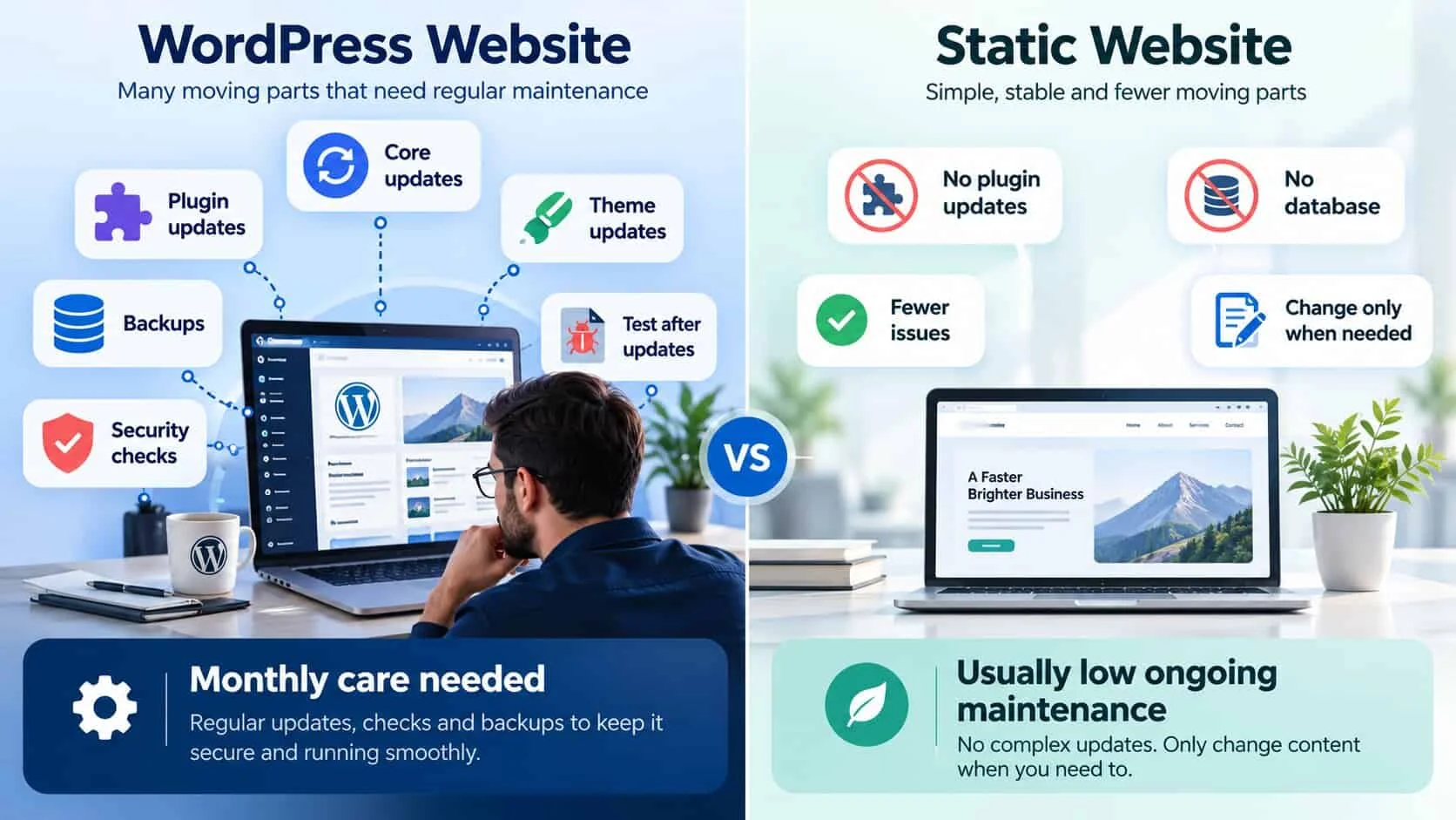 WordPress vs static website maintenance: a WordPress site needs plugin, core and theme updates, backups, security checks and testing after updates every month, while a static website has no plugins or database to update and only changes when you need it