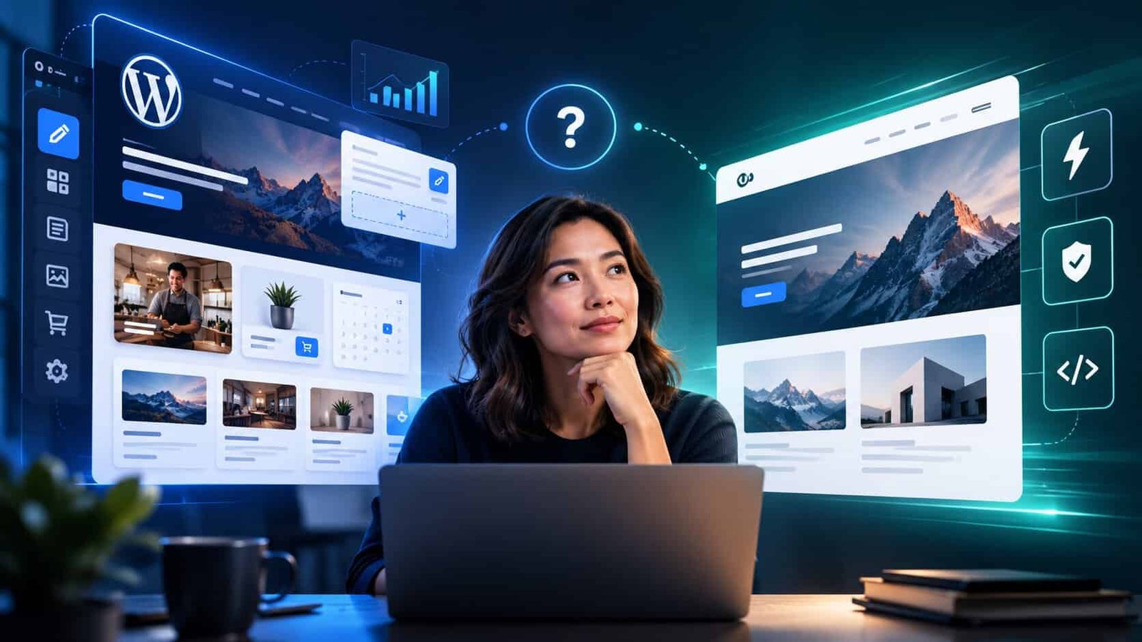 A small business owner at a laptop weighing two options: a WordPress site with an editing dashboard, plugins, shop and bookings on one side, and a fast, secure static website on the other